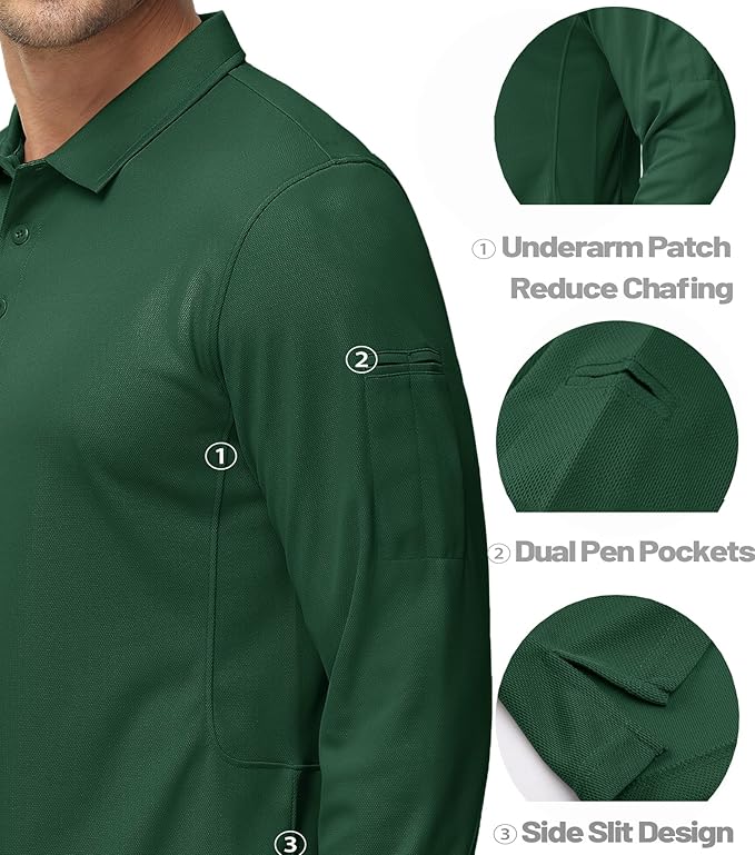 MAGCOMSEN Men's Polo Shirts 3 Button Quick Dry Performance Long Sleeve Tactical Shirts Pique Jersey Golf Shirt