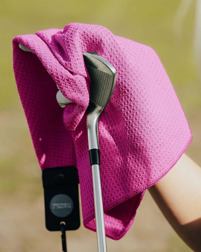 Magnetic Golf Towels for Golf Bags with Clip & Ultra Strong Magnet - Waffle Weave Microfiber Towel for Secure Hold on Bags & Carts - Ideal Club Cleaner & Accessories - Pink