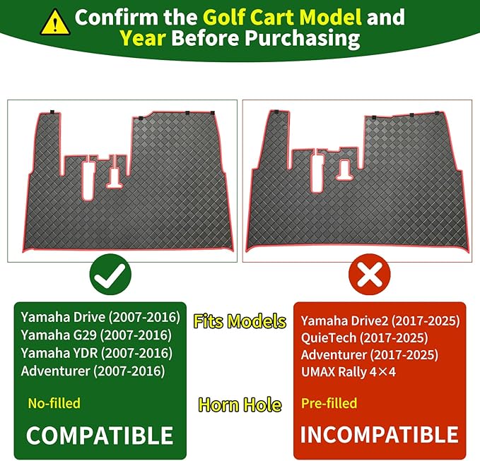 Golf Cart Floor Liner Mat 8mm Thick Rubber Full Coverage Only Fit for 2007-2016 Yamaha Drive (Gen1), G29, YDR, Adventurer Carts Diamond Deluxe Non-Slip Front Feet Mats Replacement - Red Trim