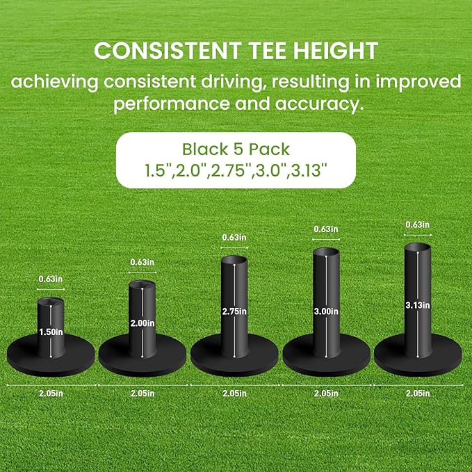 FINGER TEN Golf Rubber Tee Driving Range Value 5 Pack for Indoor Outdoor Practice Mat, Tee Adaptor Size 1.5’’ 2.0’’White Black Tee Holder Set for Hitting Mats