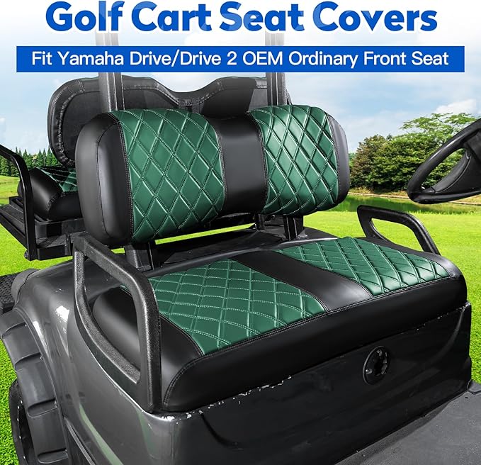 NOKINS 4PCS Golf Cart Seat Covers Kit, Front and Rear Seat Covers Fits YAMAHA/G29/Drive2 Standard Seat Cushion, Yamaha Vinyl Diamond Replacement Seat Covers, No Stapler (Dark Green&Black)