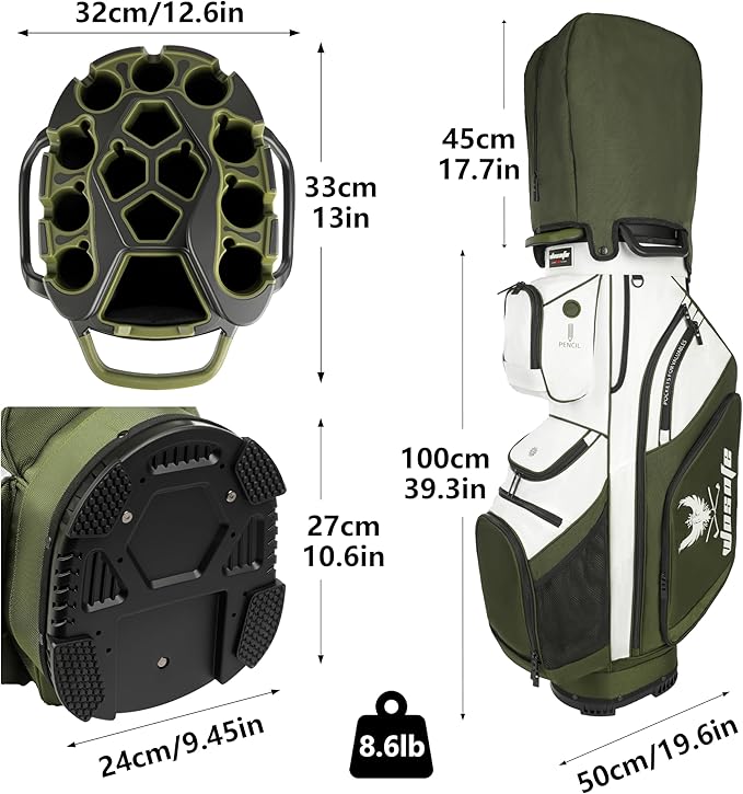 14 Way Full-Length Divider Top Men Golf Cart Bag, Fixed Slots Clubs Organized Premium Oxford Cloth Women 13 Pockets Black Blue Green Golf Bag with 3 Handles Cooler Rain Cover
