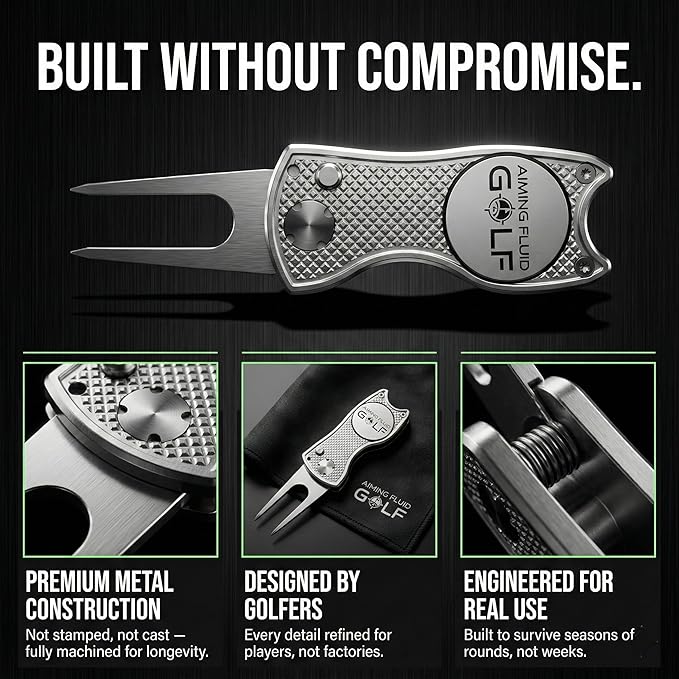 Golf Divot Repair Tool — 5-in-1 Golfing Ball Marker, Pitch Mark Repair, Putting Alignment, Club Tee, and Groove Cleaner, Accessory Metal Switchblade Design - Ideal Gift for Golfers
