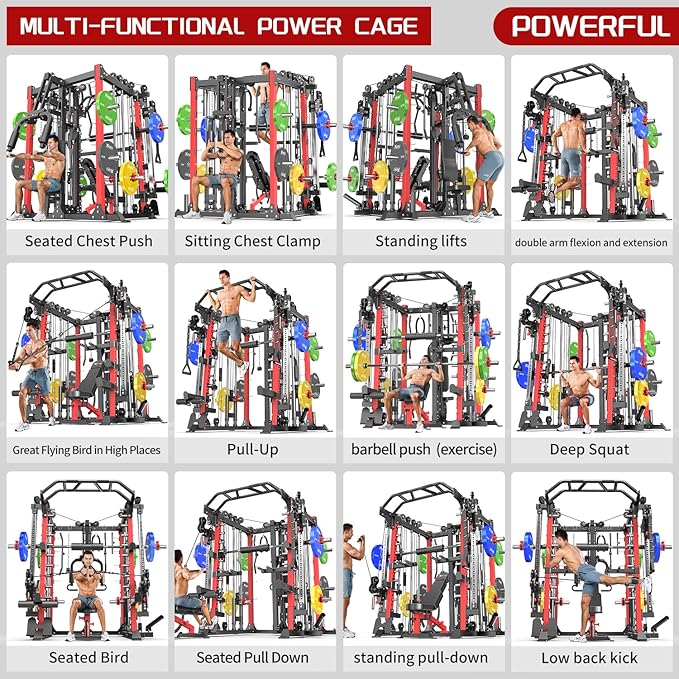 Smith Machine，Multi-Function Squat Rack Power Cage with Cable Crossover System,with Optional Weight Bench, Olympic Barbell Weight Set, for Home Gym