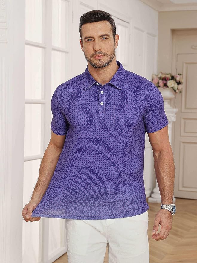Lexiart Mens Golf Shirt Short Sleeve Dry Fit Print Moisture Wicking Performance Patterns Collared Polo Shirt with Pocket
