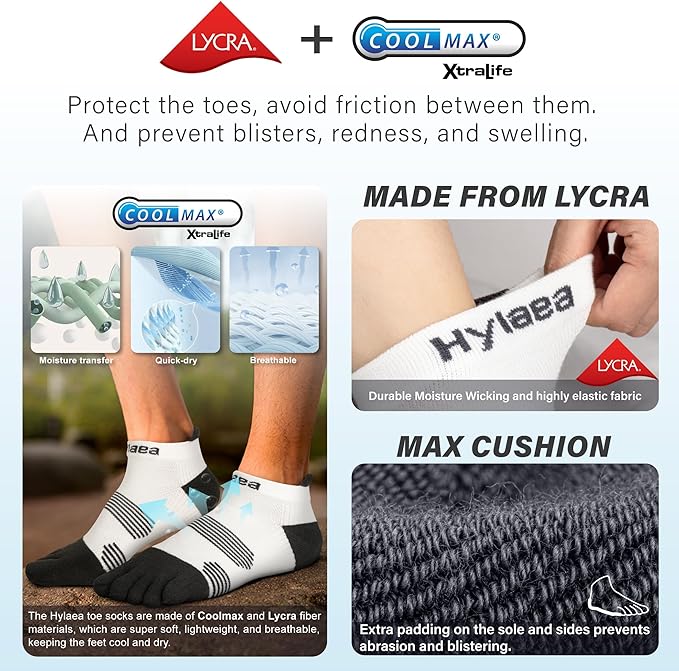 Hylaea No Show Running Athletic Anti-Blister Wicking Coolmax Socks, Seamless Anti-odor