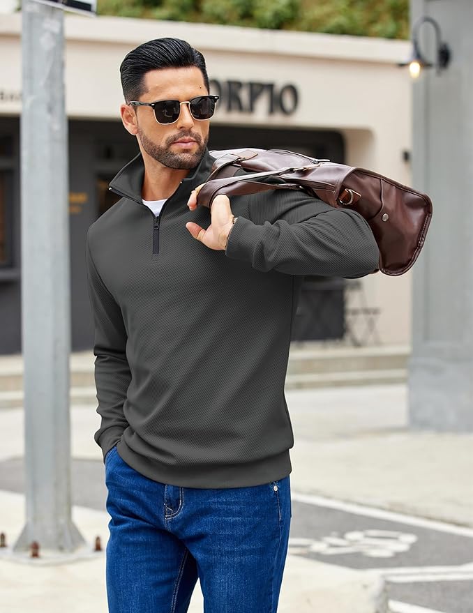 COOFANDY Mens Quarter Zip Pullover Sweatshirts Lightweight Long Sleeve Mock Neck Sweater Polo