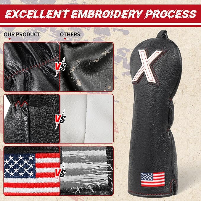 Golf Head Covers, American Flag Patriotism Golf Club Cover for Woods and Driver, Fairway, Hybrid - Premium Leather Golf Club Head Covers with Interchangeable Tags