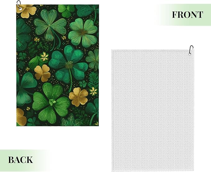 Green St Patricks Day Shamrock Golf Towel with Carabiner Clip 24"x16" Lucky Leaf Floral Golf Towels for Golf Bags Microfiber Waffle Golf Rag for Disc Balls Clubs Accessories for Men Women Dad