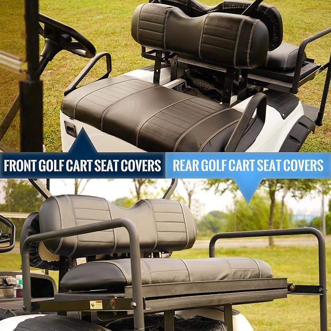 Golf Cart Seat Covers fits Club Car Precedent/DS/EZGO RXV/TXT/Yamaha Front Rear Seat Cushion，Black Leather Custom Stripe Soft Comfortable/Anti-Scratch/Easy to Clean