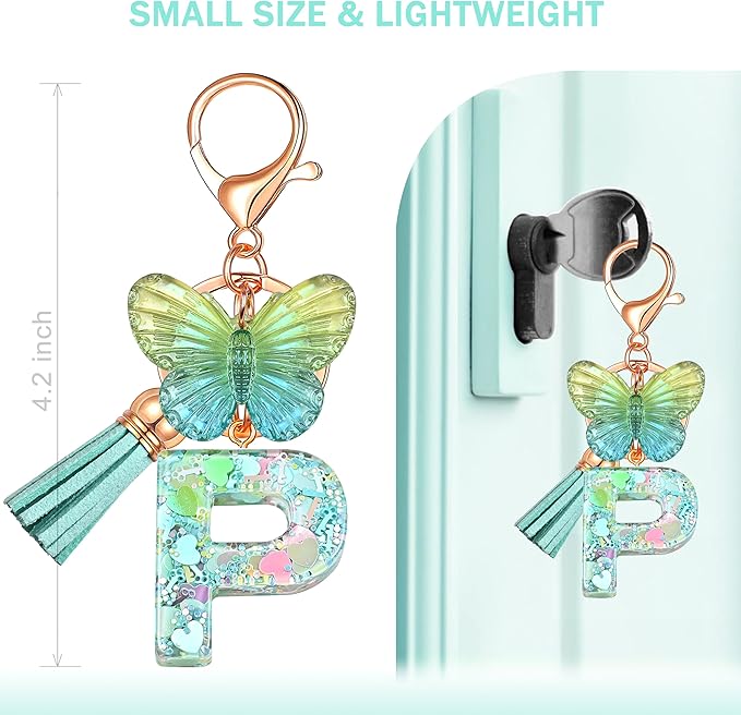 JINGUAZI Initial letter Keychains for Women Tassel Butterfly Pink Purple Cute Car Keychain for Wallet Backpack bag charm