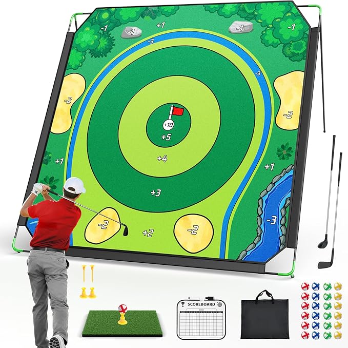 Golf Chipping Game Set, 71 X 71 in Large Golf Practice Mat with 2 Adjustable Clubs, Hitting Mat, 24 Sticky Balls, 2 Golf Tees, Scoreboard & Carry Bag, Indoor Outdoor Training Game for Adults