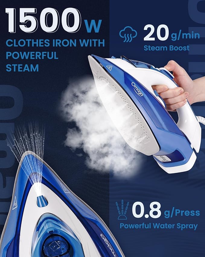 Steam Iron for Clothes, 1500W Clothes Iron with 3-Way Auto-Off, Non-Stick Ceramic Soleplate, Iron for Clothes with 11.84oz Water Tank, Self-Cleaning, Anti-calc, White