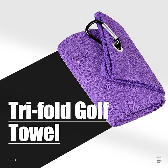 Mile High Life Tri-fold Golf Towel | 16" X 24" | Premium Microfiber Fabric | Waffle Pattern | with Heavy Duty Carabiner Clip | for Men and Women (Purple)