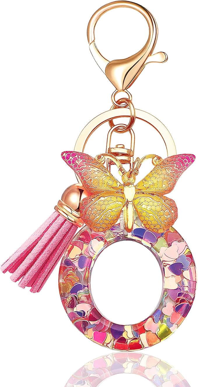 JINGUAZI Initial letter Keychains for Women Tassel Butterfly Pink Purple Cute Car Keychain for Wallet Backpack bag charm