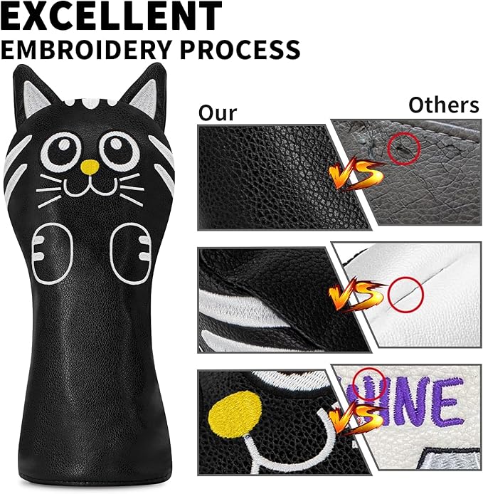 Golf Kitty Head Cover Golf Club White Leather Headcovers 1pc/4pcs Set Fits Driver Fairway Wood Hybrid Utility Putter Iron Wedge Headcover.