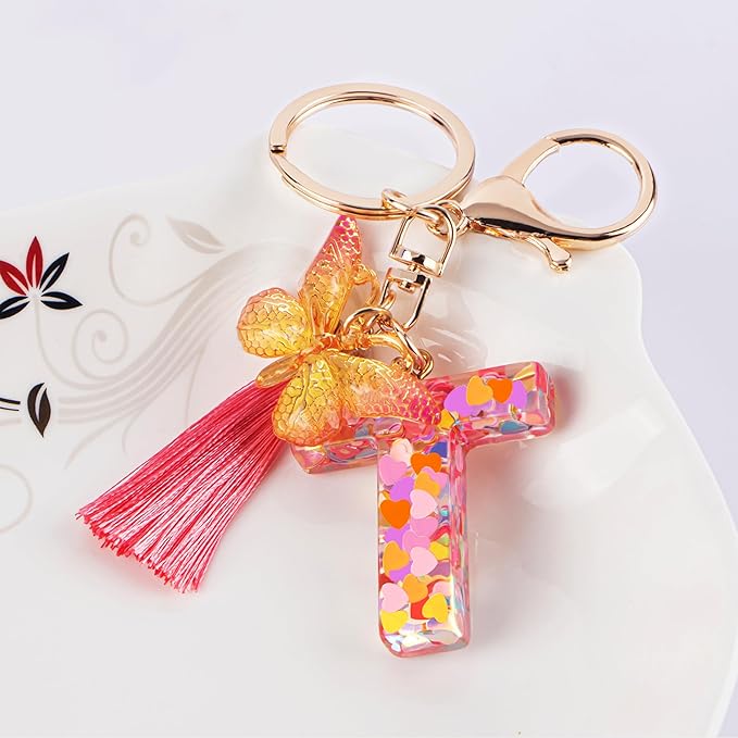 Suweibuke Colourful Cute Initial Letter Keychains for Women Girls with Tassel Butterfly, Charm for Purse Handbags Backpacks