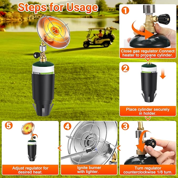 Propane Golf Cart Heater 9,200BTU Portable Heater with Windproof Lighter for Tents Camping with Golf Cart Cup Holder for EZGO Yamaha Club Car Most Golf Cart(Fuel Cylinder not included)