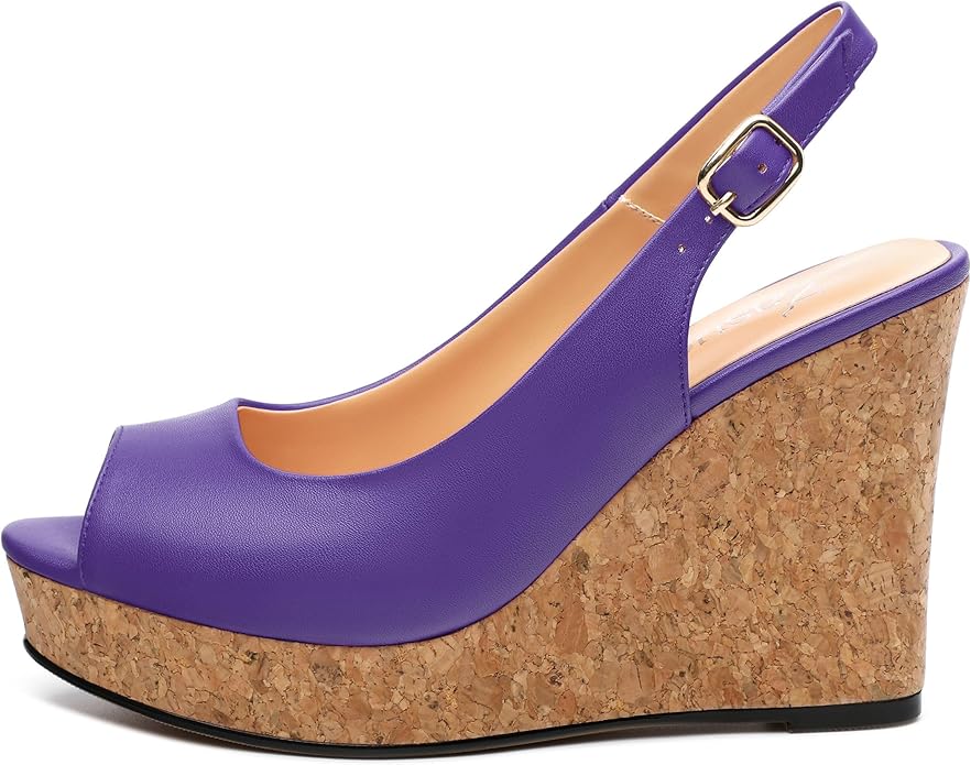 Womens Peep Toe Wedge Heels Matte Fashion Cork Slingback Pumps Platform Wedge Sandals 3.94 Inches