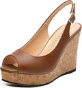 Womens Peep Toe Wedge Heels Matte Fashion Cork Slingback Pumps Platform Wedge Sandals 3.94 Inches