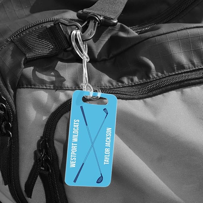 ChalkTalkSPORTS Golf Luggage & Bag Tag | Personalized Crossed Golf Clubs | Standard Lines on Back | Small | Carolina/Navy