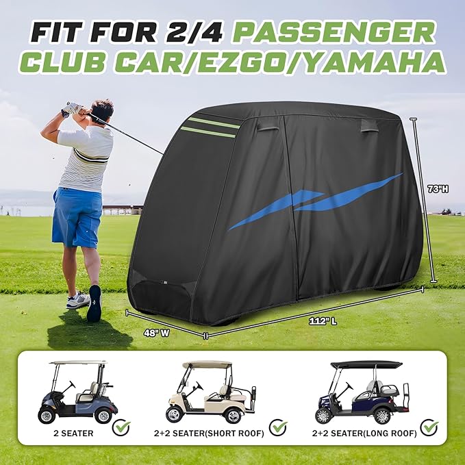 Mixsuper Liner 2/4 Passenger Golf Cart Cover for Club Car/EZGO/Yamaha, 10 Layers Golf Cart Cover with Zipper Door Windproof Sunproof 420D Waterproof Durable Polyester Black
