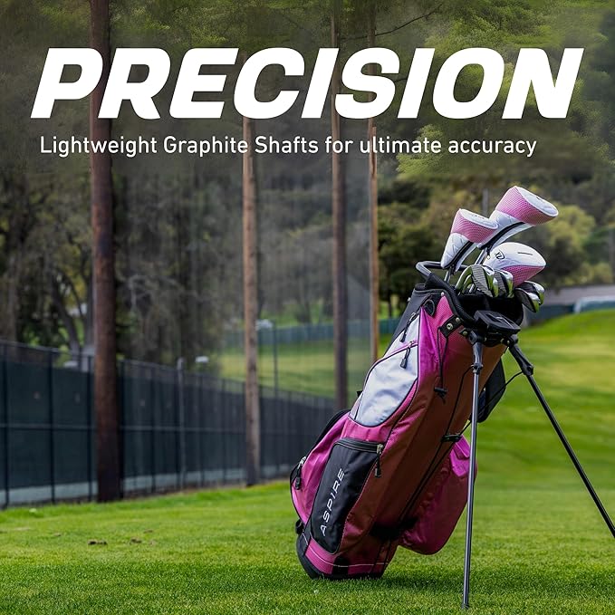 Aspire XD1 Womens Golf Clubs Full Set, Includes Driver, Fairway, Hybrid, 6-PW Irons, Putter, Stand Bag, 3 H/C's, Ultra-Light Graphite Shafts, Golf Clubs Women Right Handed, Comes in 3 Sizes, Pink
