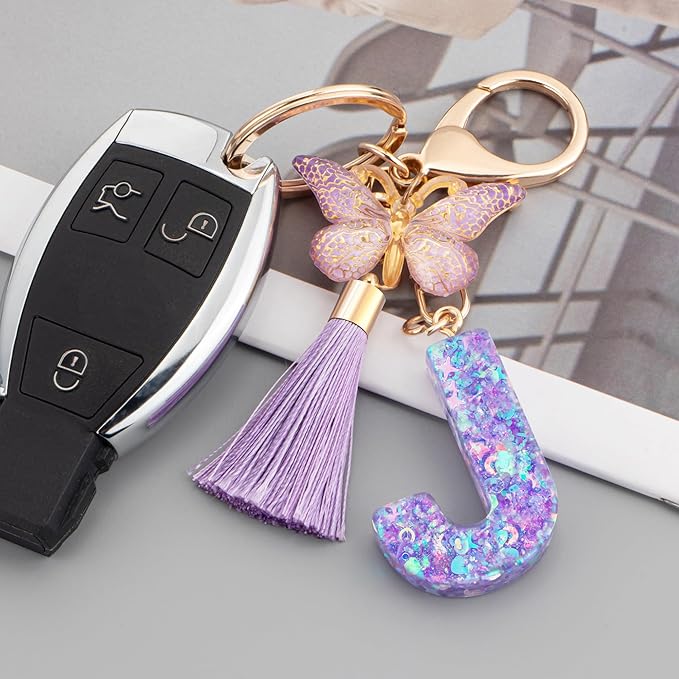 Suweibuke Colourful Cute Initial Letter Keychains for Women Girls with Tassel Butterfly, Charm for Purse Handbags Backpacks
