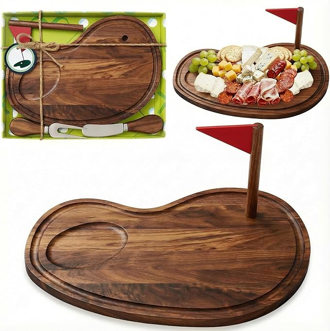 Golf Cheese Board Gift Set Golf Party Favor Prizes Charcuterie Wood Board with Knives and Box Father Day Gift for Dad Grandpa Party Tournament Game(Walnut,15 x 8.3 x 0.47 ")