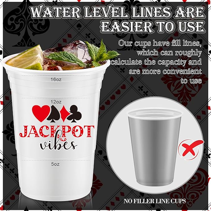 Norme 48 Pcs Casino Night Party Supplies Bulk 16 oz Casino Night Party Thick Plastic Disposable Cup Hot Cold Drink Wine Coffee for Home Casino Night Themed Holiday Party Supplies Favors