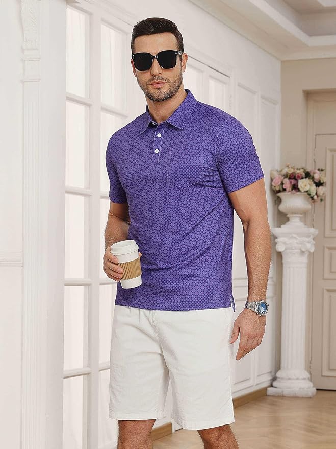 Lexiart Mens Golf Shirt Short Sleeve Dry Fit Print Moisture Wicking Performance Patterns Collared Polo Shirt with Pocket