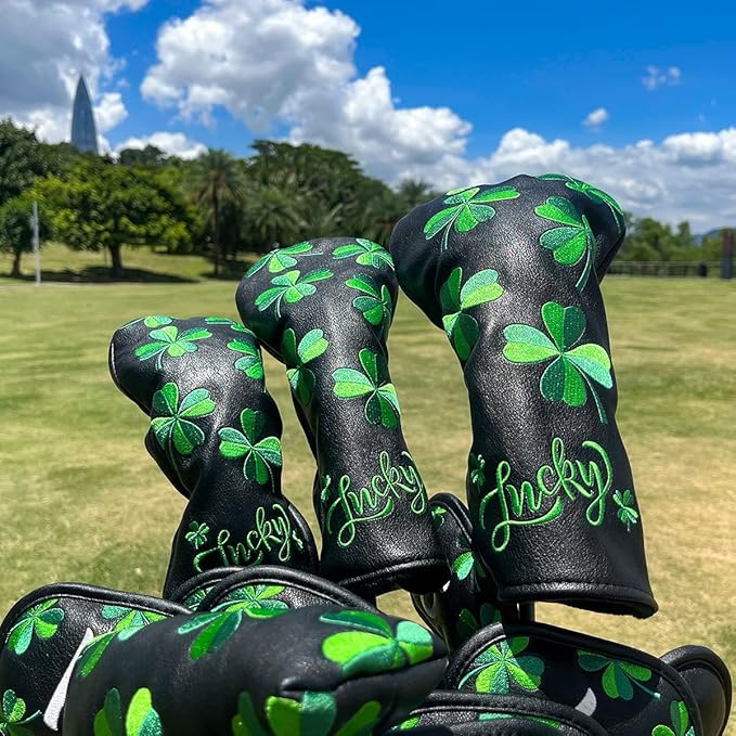 Live Lucky Golf Club Headcover Shamrock Golf Head Cover Elegant Embroidery Premium Leather Driver Covers Fairway Wood Covers Hybrid Headcovers Mallet Blade Putter Covers