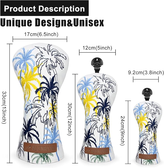 Golf Club Head Covers 3 Wood Headcover Hawaii Coconut Tree Style Elegant Embroidery Premium Leather Waterproof Driver Cover Fairway Wood Cover Hybrid Cover with Number Tags