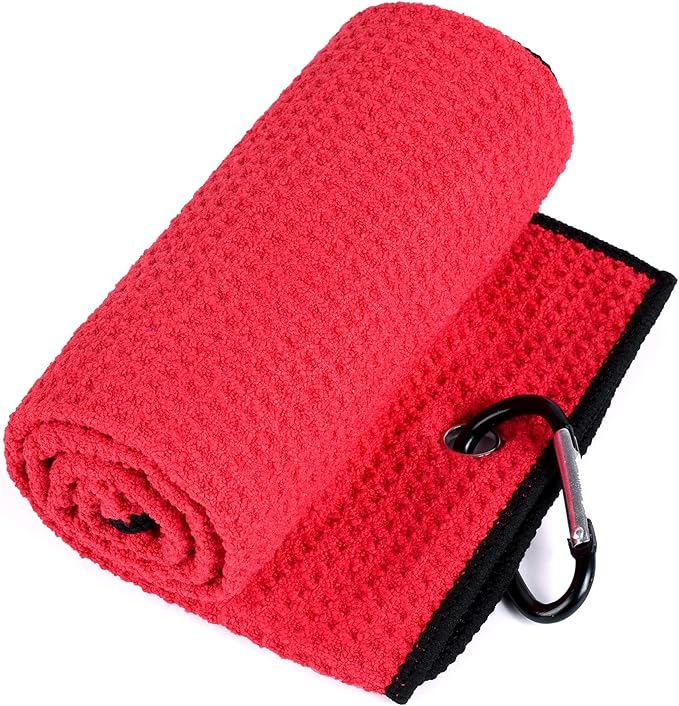 Mile High Life Microfiber Waffle Pattern Golf Towel | Club Groove Cleaner Brush | Foldable Divot Tool with Magnetic Ball Marker (Red Towel/Brush/Curve Divot)