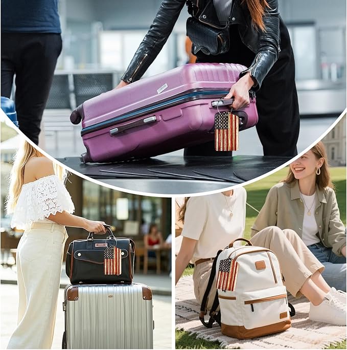 3 Pack Vintage American Flag Luggage Tags for Suitcase USA Flag PU Leather Travel Luggage Tag Privacy Cover ID Label for Women Men Baggage Backpack Handbag School Bag