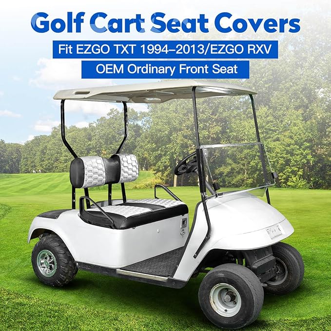 NOKINS Golf Cart Seat Covers, Fit for EZGO TXT 1994-2013/EZGO RXV OEM Standard Front Seat Cushion, EZGO Accessories Vinyl Seat Covers, No Nails Required (Carbon Fiber White&Black)