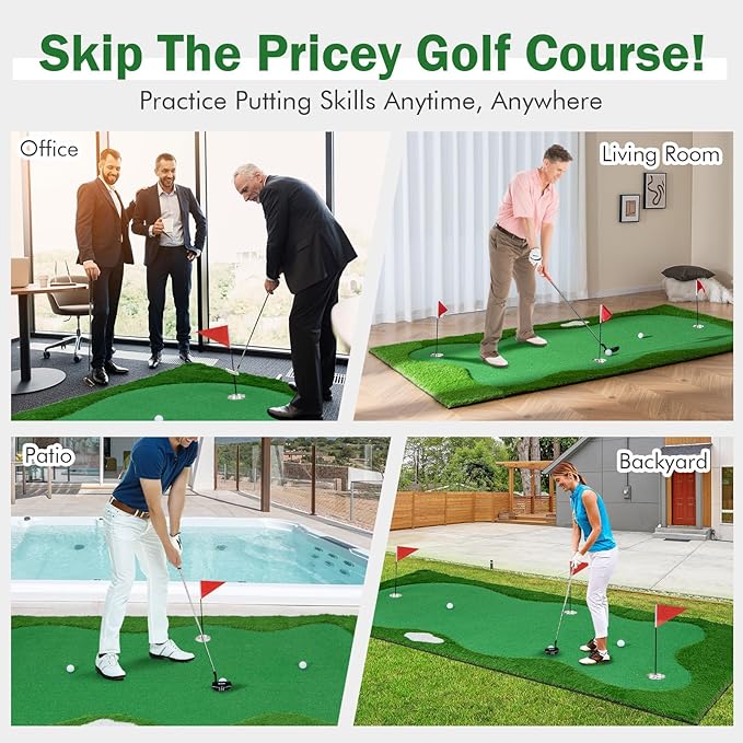 Tangkula 10 FT Golf Putting Green, Large Professional Golf Training Mat with Realistic Artificial Grass Turf, 3 Holes, 3 Flags and Cups for Indoor Outdoor Putting Practice