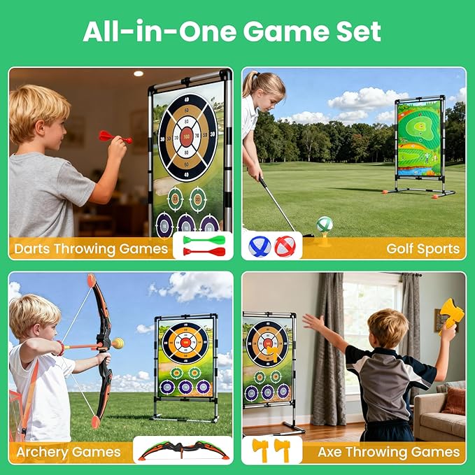 Golf Chipping Game Set with Stand,5-in-1 Portable Backyard Double-Sided Hitting Mat,with Sticky Balls,Archery,Axe & Dart,Golf Games for Family,Friends & Golfers,Indoor,Outdoor,Party Fun