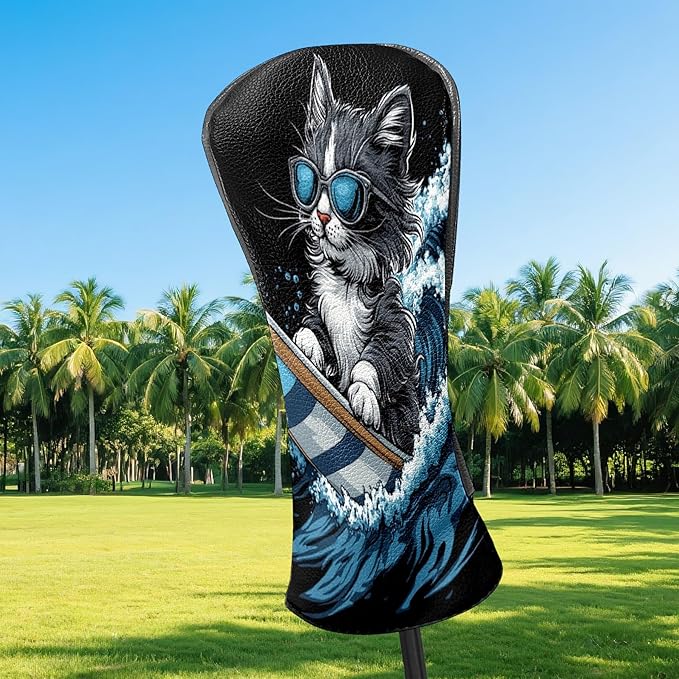 Premium Leather Golf Club Headcovers,Orange Cat Fits Driver Hybrid Fairway 3/5 Wood,with Scratch-Resistant Lining, Gift for Men and Women