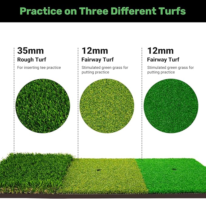 Tri-Turf Golf Hitting Mat,3-in-1 Golf Practice Mat for Driving, Chipping & Putting Training, Durable Portable Golf Chipping Mat with Rubber Backing for Indoor Outdoor Backyard Use