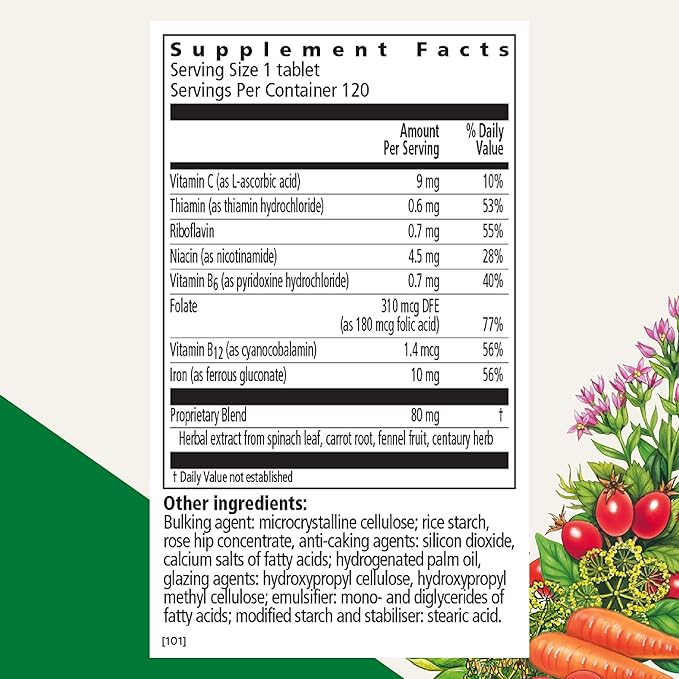 Floradix Iron Tablets - Iron Supplement with B Vitamins, Folic Acid, Vitamin C & More - Energy Support - Vegetarian & Gluten-Free - 120 Tablets (120 Servings)