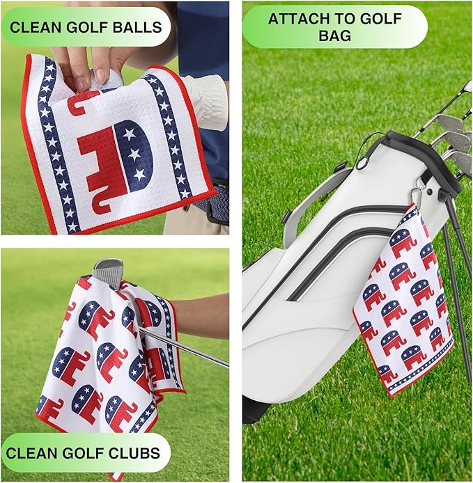 Microfiber Golf Towels for Golf Bags & Carts - Premium Weave Waffle & Ball Towels with Carabiner Clip, Essential Accessories for Men, Women and Kids, Golfer Gifts, Set of 2 (Elephant)