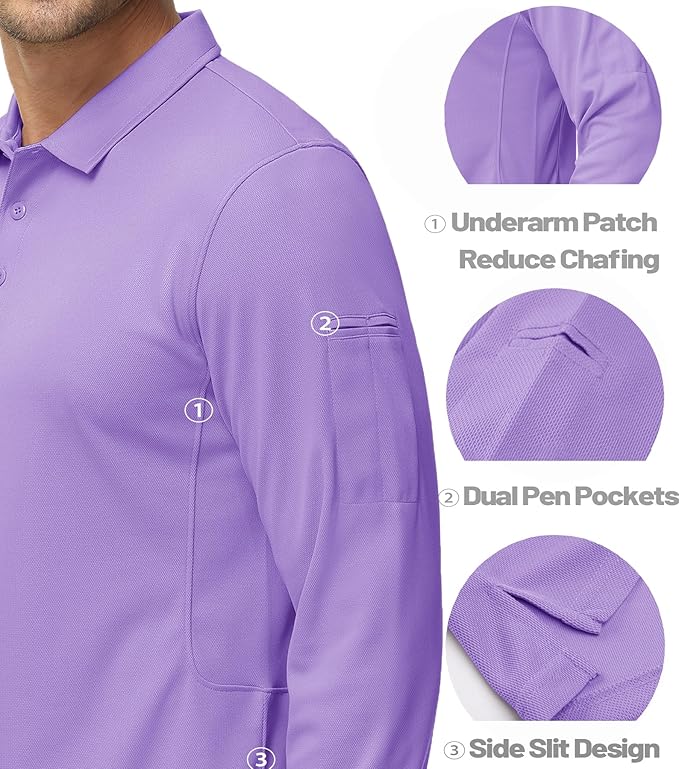 MAGCOMSEN Men's Polo Shirts 3 Button Quick Dry Performance Long Sleeve Tactical Shirts Pique Jersey Golf Shirt