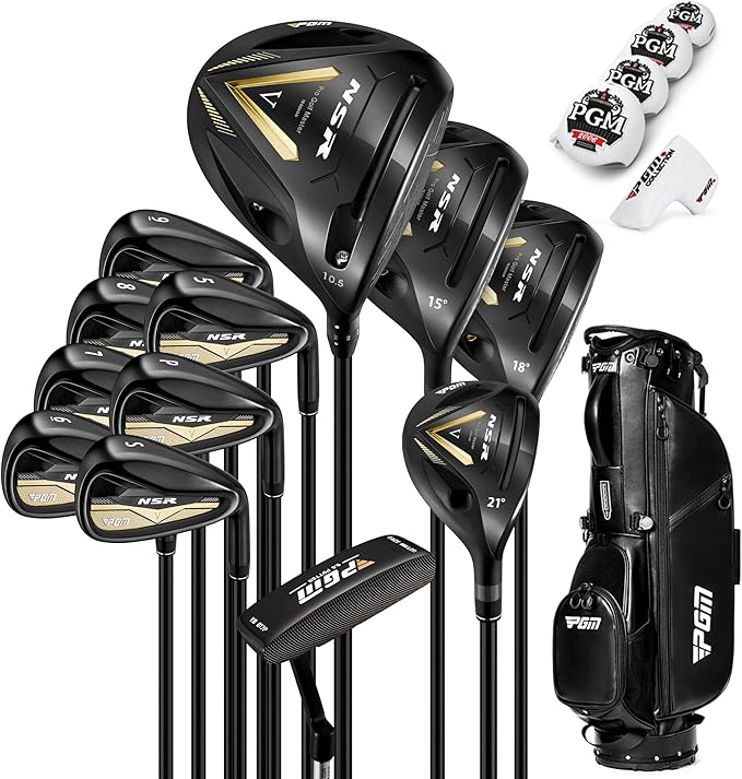 PGM NSR V 18 Piece Men's Complete Golf Club Sets - Adjustable Loft Titanium Driver (0.86 COR), Precision Weighted Fairway Woods, Forged Irons, CNC Milled Putter, with Stand Bag - Right Handed