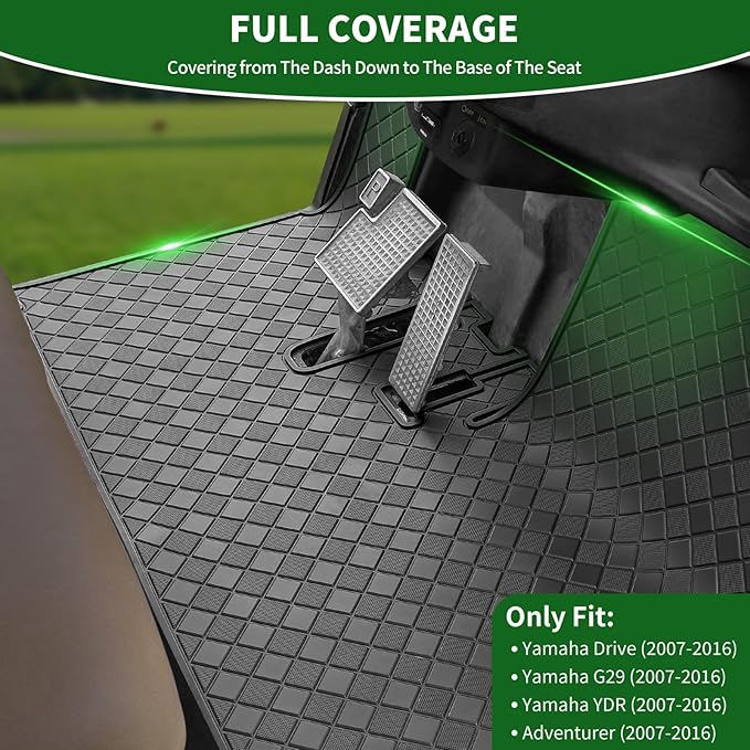 Golf Cart Floor Liner Mat 8mm Thick Rubber Full Coverage Only Fit for 2007-2016 Yamaha Drive (Gen1), G29, YDR, Adventurer Carts Diamond Deluxe Non-Slip Front Feet Mat Replacement - Black Trim