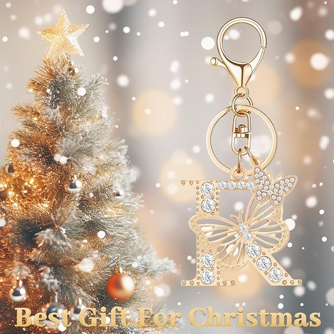 Gold Plated Alphabet Initial Letter Keyring Keychain for Women Girls Crystal Key Chains for Wallet Backpack Bag Charm