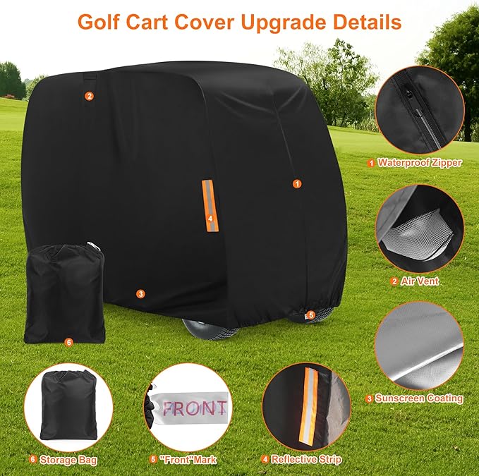 Golf Cart Cover 4 Passenger, 420D Heavy Duty Golf Cart Rain Cover with Waterproof Zipper and Reflective Strips, Universal Fits for 2+2/4 Seat Yamaha EZGO Honda Club Car