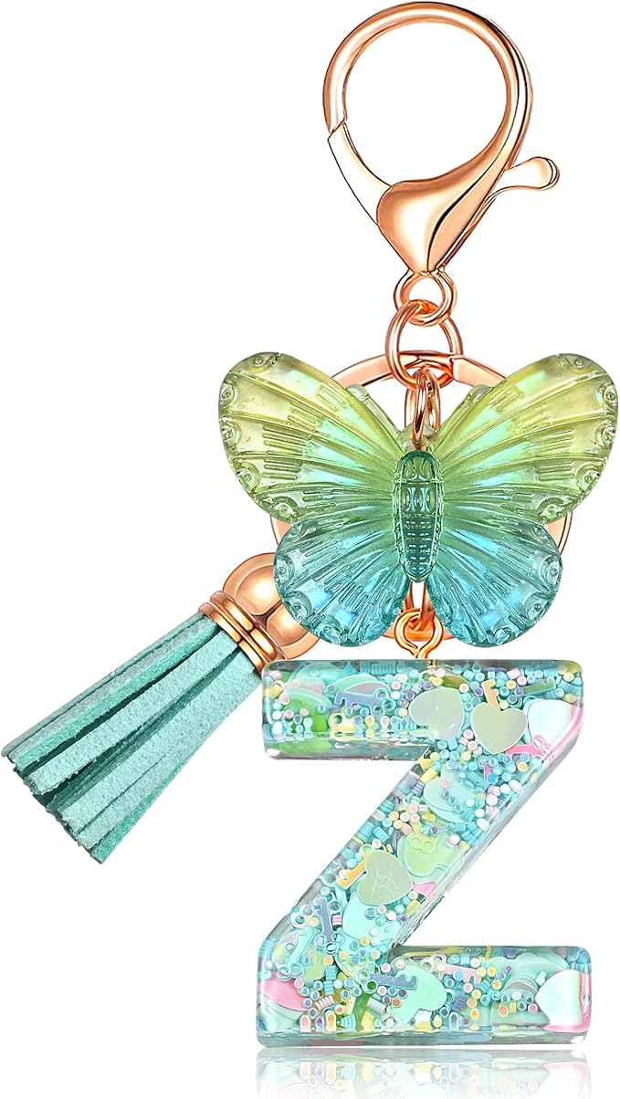 JINGUAZI Initial letter Keychains for Women Tassel Butterfly Pink Purple Cute Car Keychain for Wallet Backpack bag charm