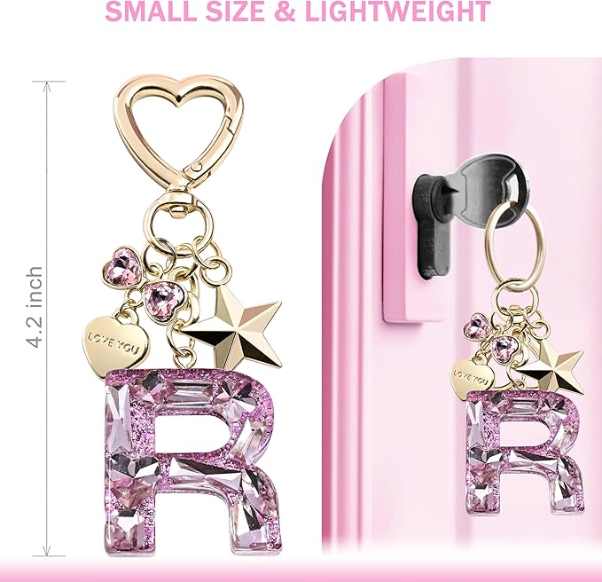 Cute Bling Keychain initial Letter Butterfly Star Pink Purple Gift for Women Girls Bag Cup Charms Accessories