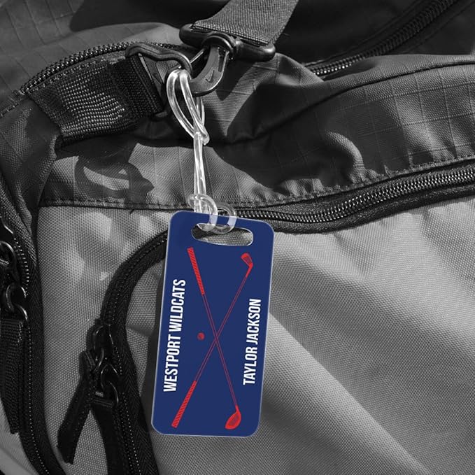 ChalkTalkSPORTS Golf Luggage & Bag Tag | Personalized Crossed Golf Clubs | Standard Lines on Back | Small | Navy/Red